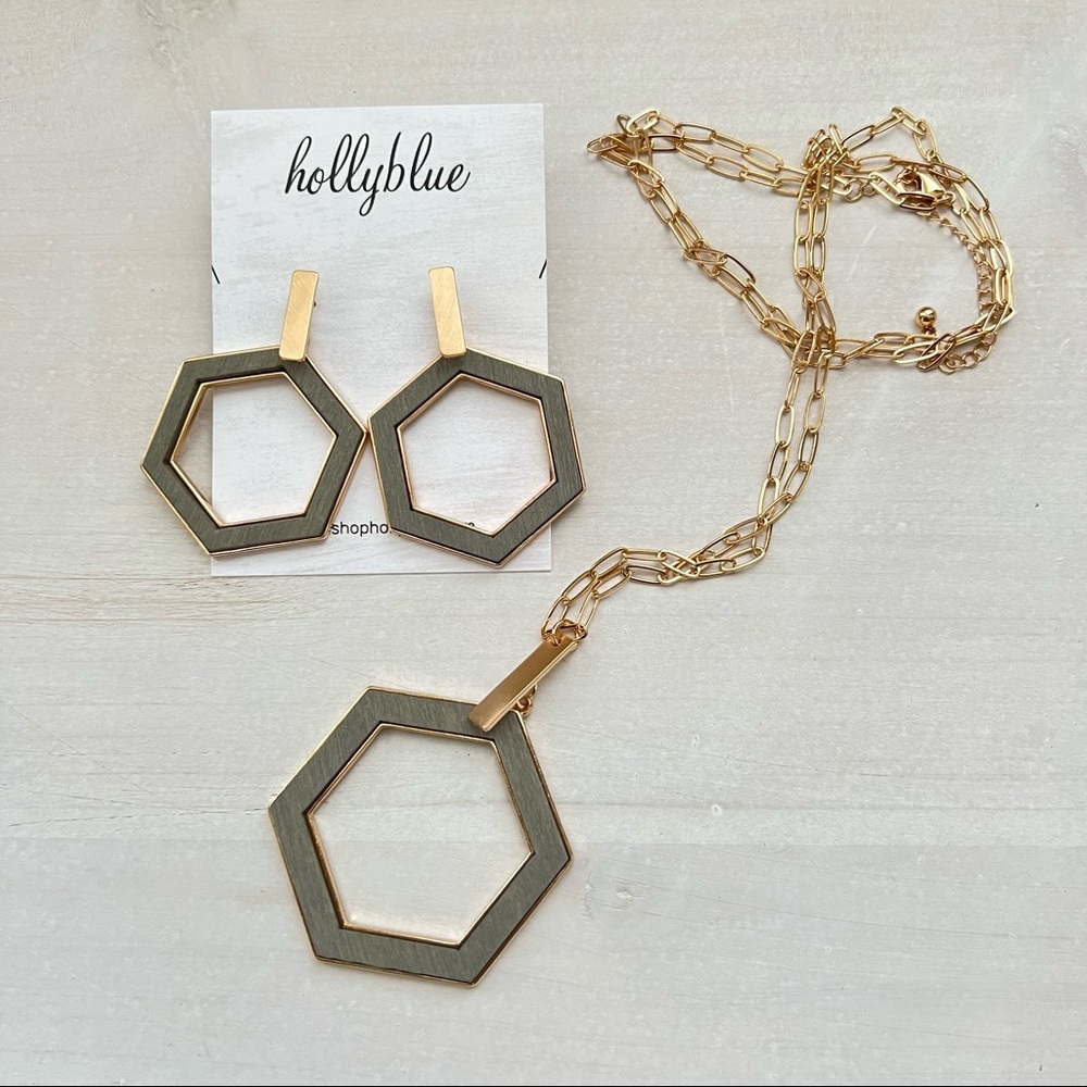 Gold-Tone Bar and Light Grey Hexagon Earrings